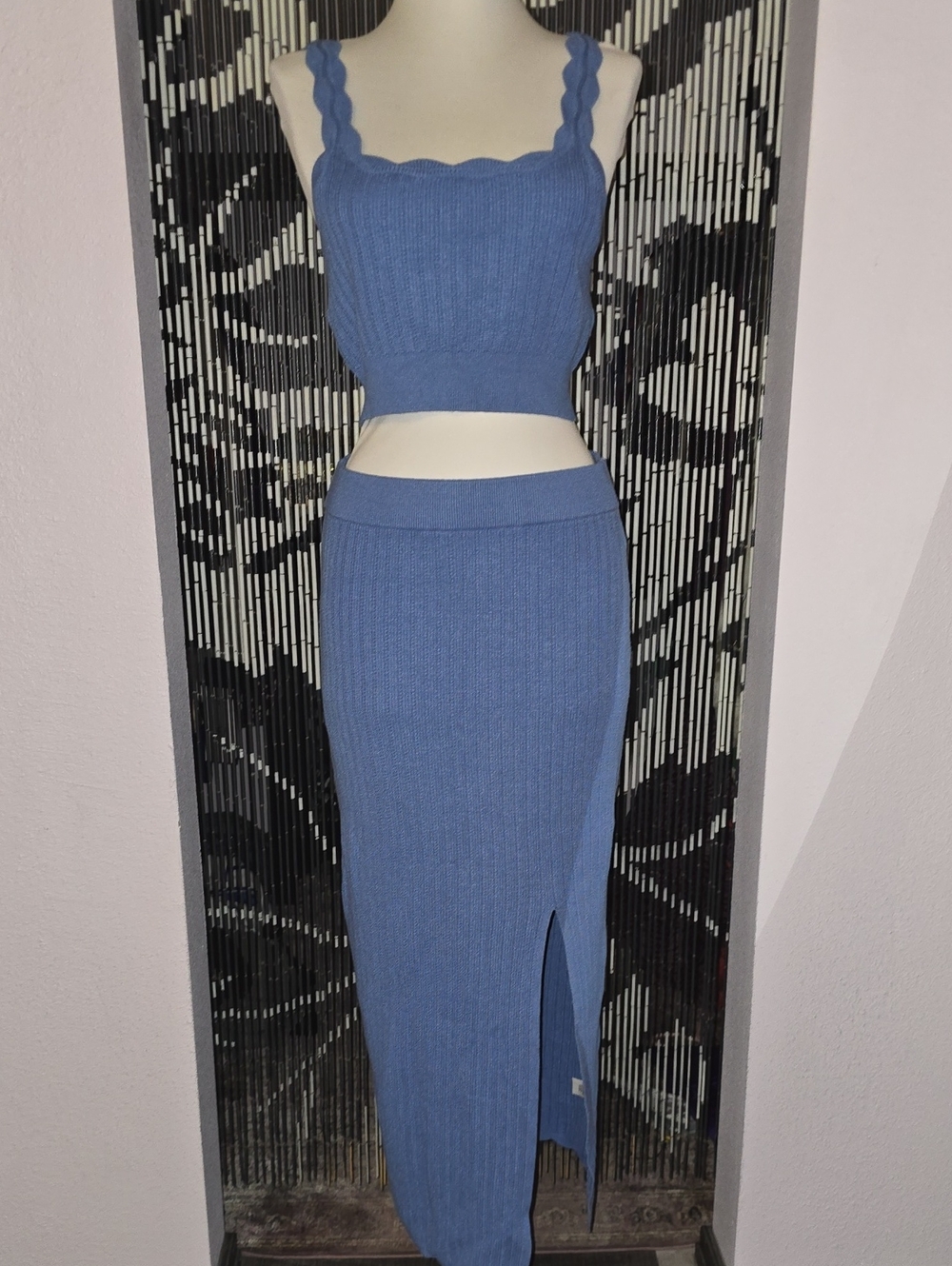 SAYLOR Jelena Periwinkle Blue Scalloped Ribbed Knit Scalloped Top Midi Skirt Set
